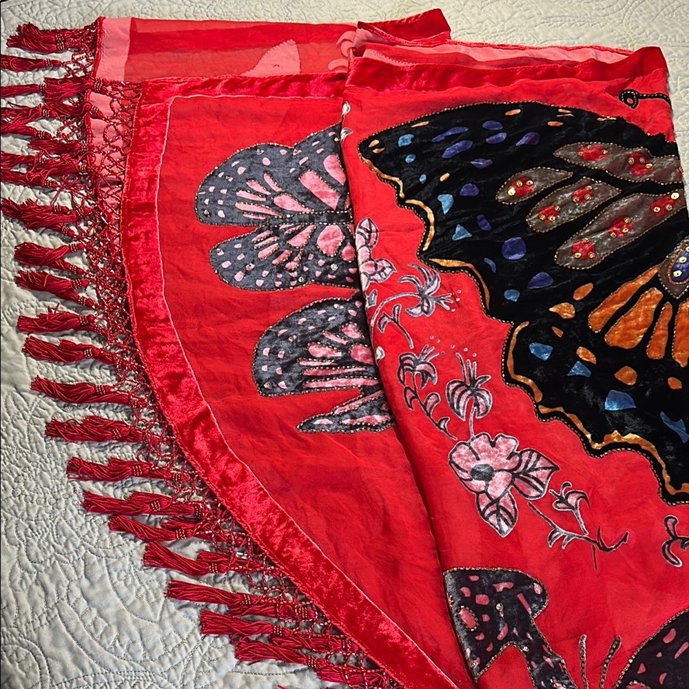 Red Butterfly Print shawl with Fringe